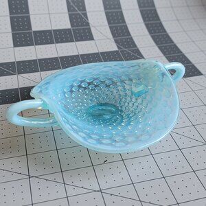 Vintage Fenton Art Glass Blue Opalescent Hobnail Trinket Candy Dish w/ Handles
